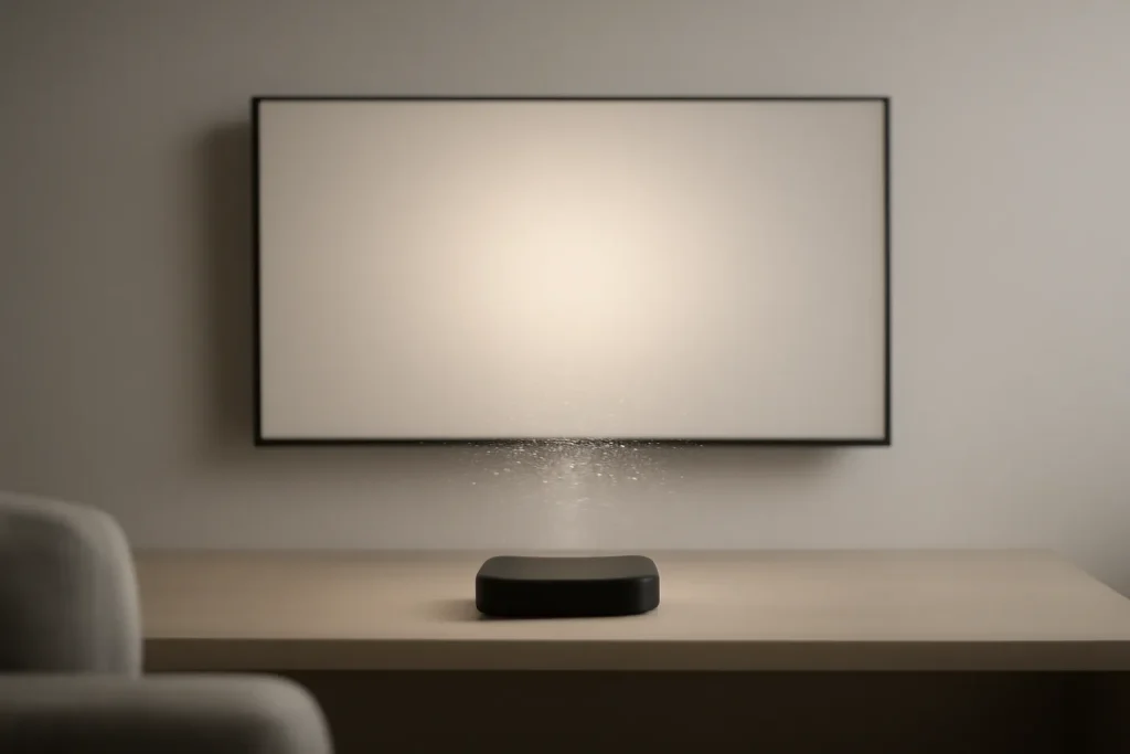 Apple TV 4K com Apple Intelligence: lançamento previsto em 2026 2 Representação simbólica de uma Apple TV 4K com Apple Intelligence como hub da sala, com brilho de IA entre a box e o ecrã.