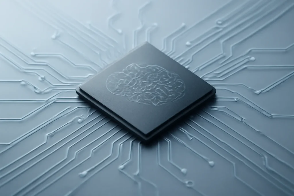 Apple TV 4K com Apple Intelligence: lançamento previsto em 2026 3 Ilustração abstrata do processador e conectividade de uma Apple TV 4K com Apple Intelligence, com circuitos e nós de rede.