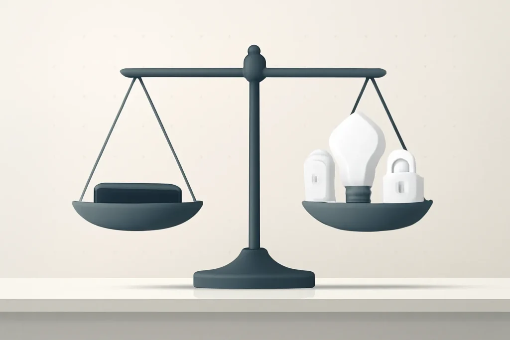 Apple TV 4K com Apple Intelligence: lançamento previsto em 2026 4 Balança simbólica de risco-benefício para decidir esperar pela Apple TV 4K com Apple Intelligence e preparar a casa inteligente.