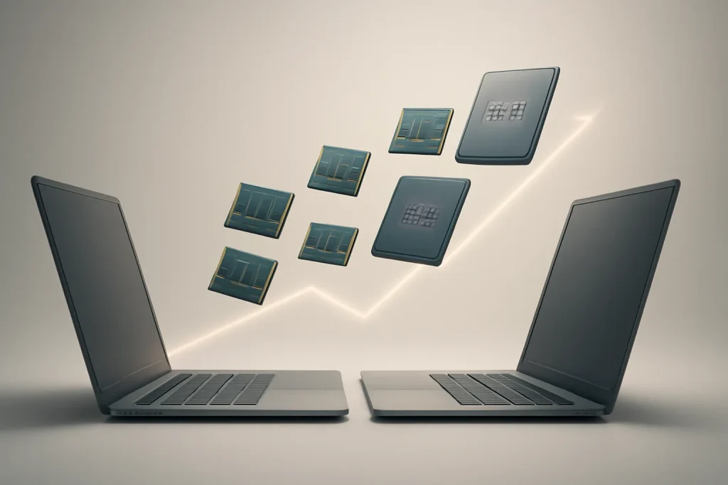 Apple vs HP PCs com IA: custos de memória e preços em 2026 2 Composição minimalista sobre Apple vs HP PCs com IA, com portáteis genéricos e blocos simbólicos de memória e SSD.