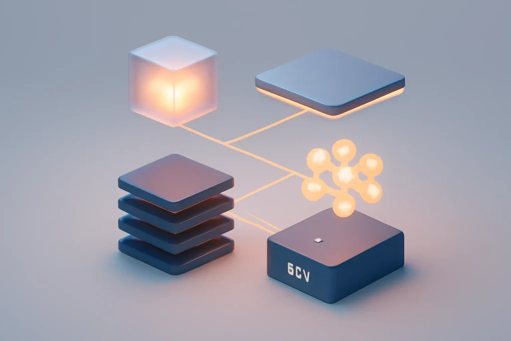 Apple vs HP PCs com IA: custos de memória e preços em 2026 3 Diagrama simbólico de CPU, GPU e NPU ligados a DRAM e SSD, no contexto Apple vs HP PCs com IA.