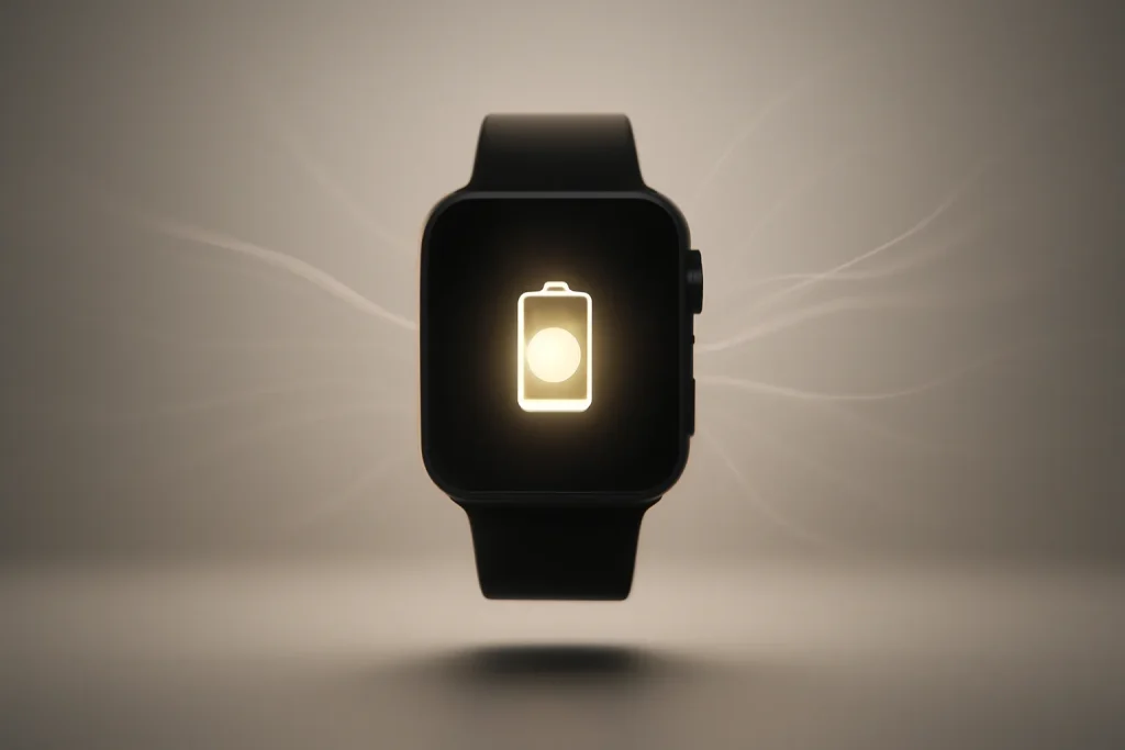 Atualização smartwatch Garmin bateria: consumo por apps e autonomia 2 Atualização smartwatch Garmin bateria: relógio genérico com símbolo de bateria e fluxo de energia.