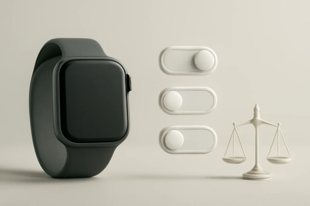 Atualização smartwatch Garmin bateria: consumo por apps e autonomia 4 Atualização smartwatch Garmin bateria: relógio genérico com controlos simbólicos e equilíbrio entre precisão e autonomia.