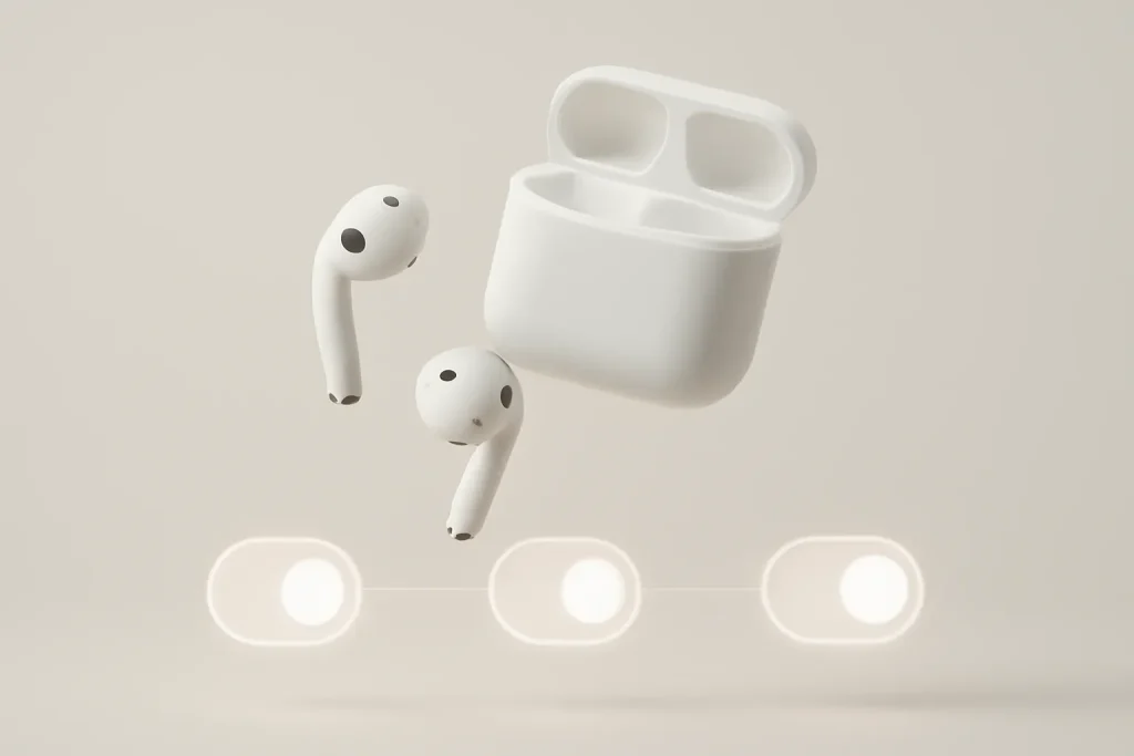 12 dicas de configuração AirPods Pro 3 para melhorar áudio e bateria 2 Ilustração simbólica com earbuds sem marca e controlos genéricos, a introduzir dicas de configuração AirPods Pro 3.