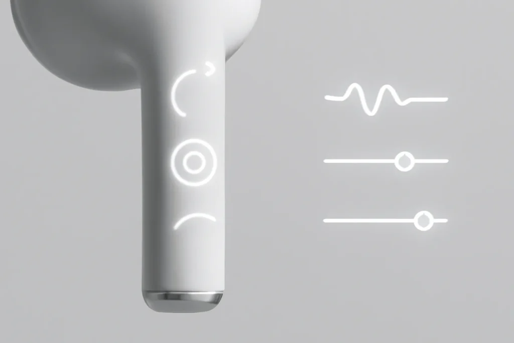 12 dicas de configuração AirPods Pro 3 para melhorar áudio e bateria 3 Detalhe de um earbud genérico com símbolos de gestos e ondas sonoras, para dicas de configuração AirPods Pro 3.