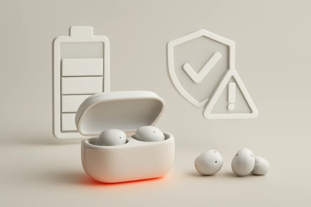 12 dicas de configuração AirPods Pro 3 para melhorar áudio e bateria 4 Caixa e earbuds genéricos com ícones abstratos de bateria e risco-benefício, nas dicas de configuração AirPods Pro 3.