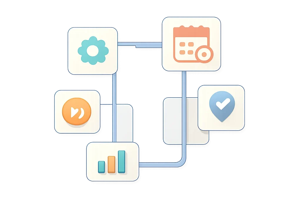 Funcionalidades escondidas do Apple Messages: guia útil e seguro 3 Diagrama simbólico das funcionalidades escondidas do Apple Messages: stickers, envio agendado, pagamentos, sondagens e Check In.
