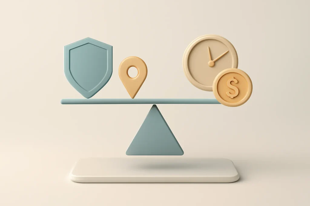 Funcionalidades escondidas do Apple Messages: guia útil e seguro 4 Balança conceptual entre utilidade e privacidade nas funcionalidades escondidas do Apple Messages, com símbolos de segurança e partilha.