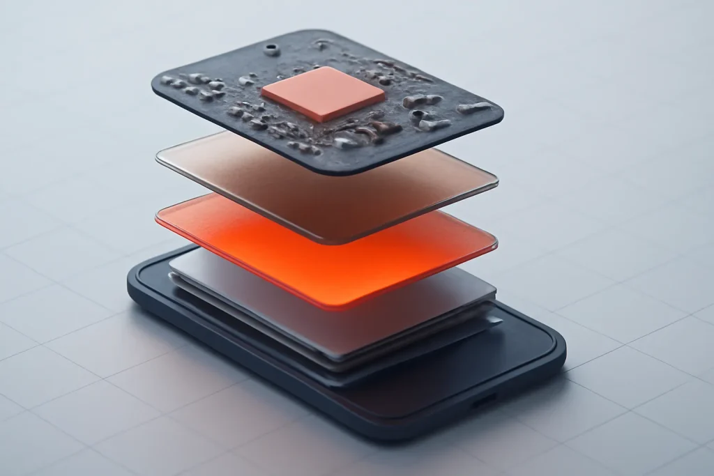 Galaxy S25 Ultra vs iPhone 17 Pro Max: diferenças-chave de topo de gama 3 Ilustração técnica abstrata de desempenho, temperatura e bateria na comparação Galaxy S25 Ultra vs iPhone 17 Pro Max