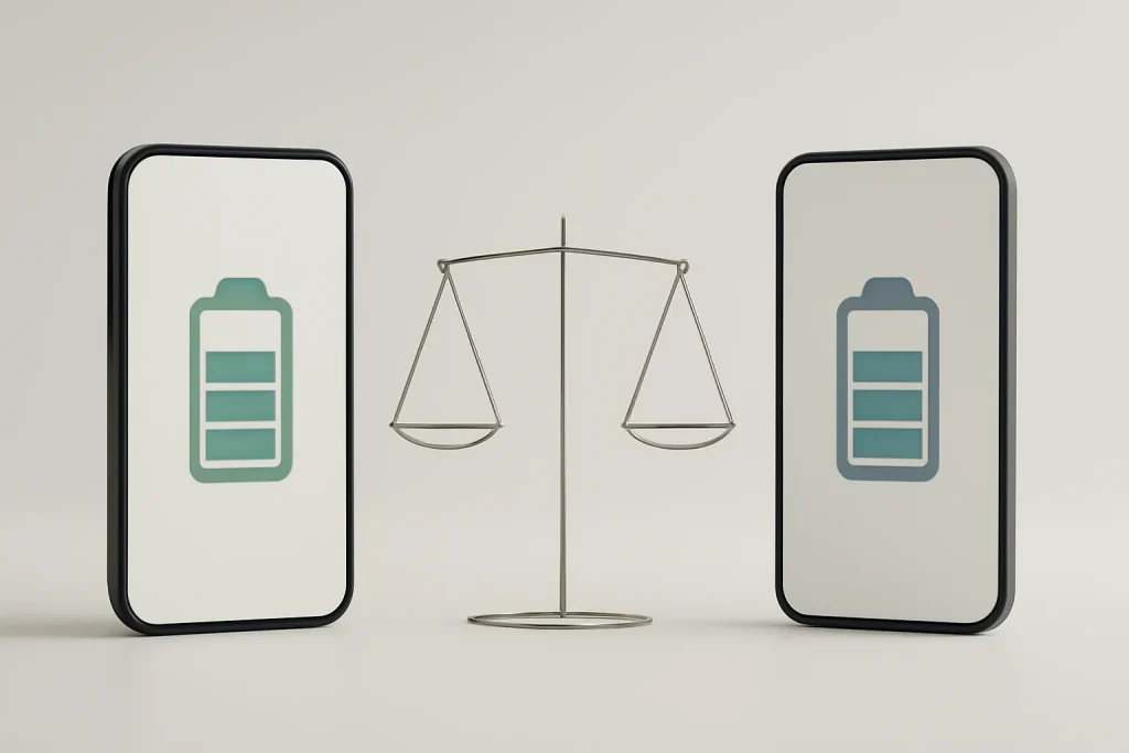 Gestão de bateria Android vs iPhone: software, carregamento e apps 2 Comparação simbólica da gestão de bateria Android vs iPhone com dois smartphones e ícones de bateria abstratos.