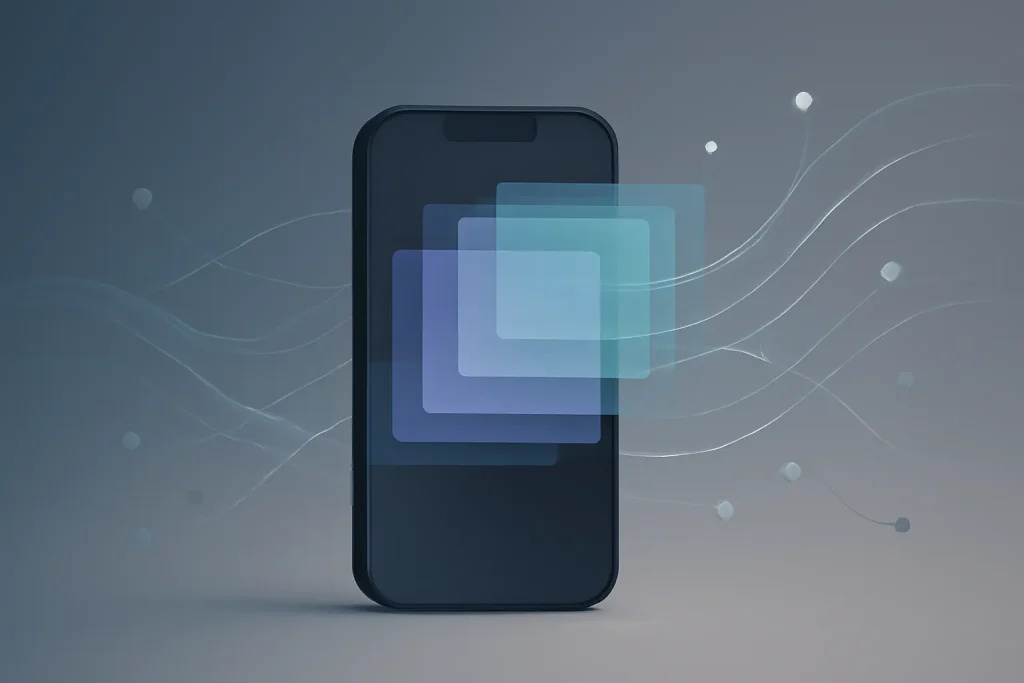 Gestão de bateria Android vs iPhone: software, carregamento e apps 3 Diagrama abstrato de processos em segundo plano na gestão de bateria Android vs iPhone.