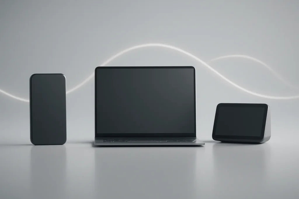 lançamentos Apple 2026: iPhone dobrável, M5 e Siri com LLM 2 Composição minimalista a simbolizar os lançamentos Apple 2026 com smartphone, portátil e hub doméstico genéricos.