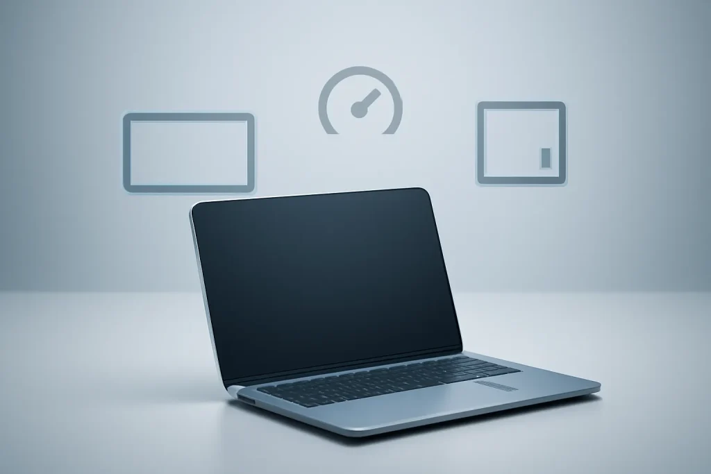 Alternativas baratas ao MacBook: ecrã, desempenho e ARM vs x86 2 Ilustração minimalista de alternativas baratas ao MacBook com foco em ecrã, desempenho e portabilidade.