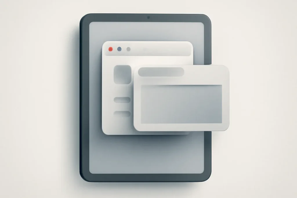 Botões de janela iPadOS 26 tapam controlos de apps no iPad 2 Ilustração de um tablet com botões de janela iPadOS 26 a tapar controlos no canto superior esquerdo.