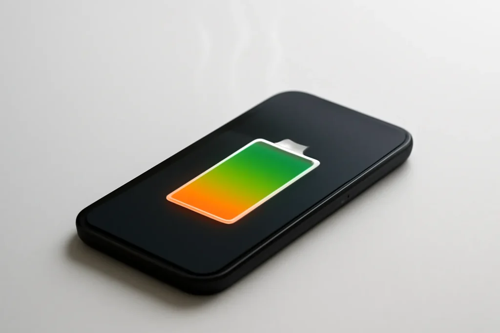 Saúde da bateria do iPhone: hábitos e ajustes para reduzir desgaste 2 Ilustração simbólica da saúde da bateria do iPhone com calor e nível de carga.