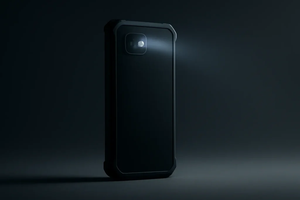 Smartphone visão noturna FOSSIBOT F113: robustez e câmara IR 2 Ilustração simbólica de smartphone visão noturna FOSSIBOT F113 com brilho infravermelho num cenário minimalista.