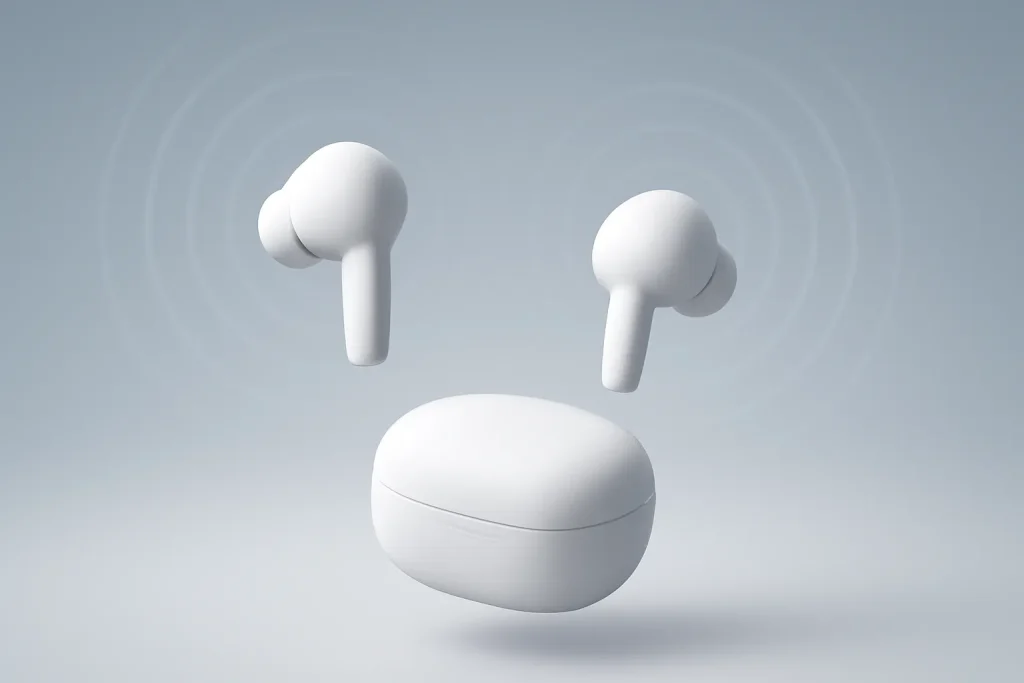 Análise AirPods Pro 3: som e ANC melhores, mas menos autonomia na caixa 2 Composição minimalista de auriculares true wireless e caixa, a simbolizar a análise AirPods Pro 3 e as melhorias de som e ANC.