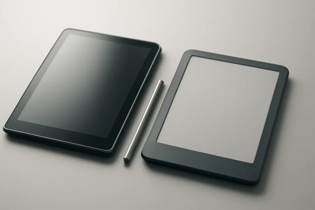 iPad Mini vs reMarkable Paper Pro Move: tablet completo ou E‑ink sem distrações 2 Comparação visual iPad Mini vs reMarkable Paper Pro Move: tablet brilhante vs ecrã tipo papel.