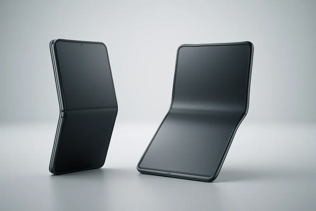 Samsung Galaxy Z TriFold vs Huawei Mate XTs: diferenças-chave 2 Comparação visual simbólica de tri-folds no tema Samsung Galaxy Z TriFold vs Huawei Mate XTs, com duas abordagens de ecrã em silhueta.