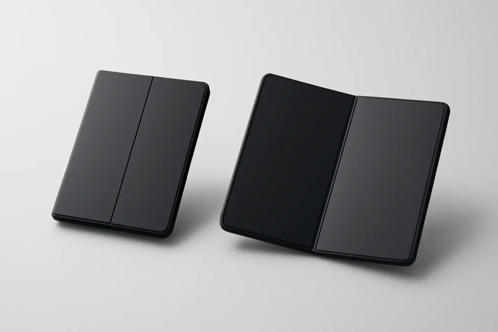 Samsung Galaxy Z TriFold vs Galaxy Z Fold 7: ecrã e bateria vs portabilidade 2 Comparação visual entre formatos no Samsung Galaxy Z TriFold vs Galaxy Z Fold 7, com silhuetas de dobrável e tri-dobrável.