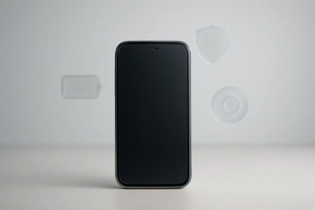 iPhone 13 Mini recondicionado: A15, câmara e garantia na iOutlet 2 Smartphone compacto com símbolos abstratos de bateria, câmara e garantia.