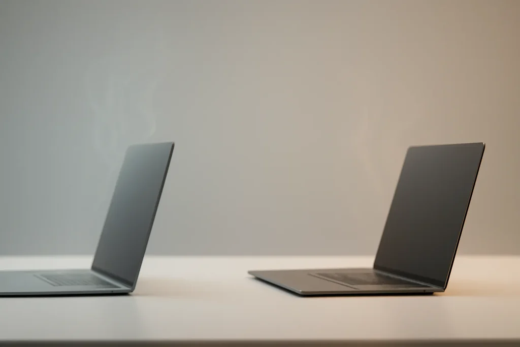 MacBook Air Intel vs M1: diferenças reais em apps e bateria 2 Dois portáteis genéricos com contraste de calor e eficiência.