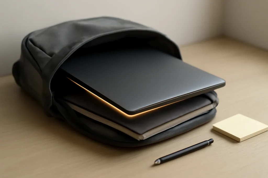 Melhor MacBook para estudantes 2026: Air vs Pro e recondicionado com garantia 2 Portátil leve e material de estudo numa mochila.