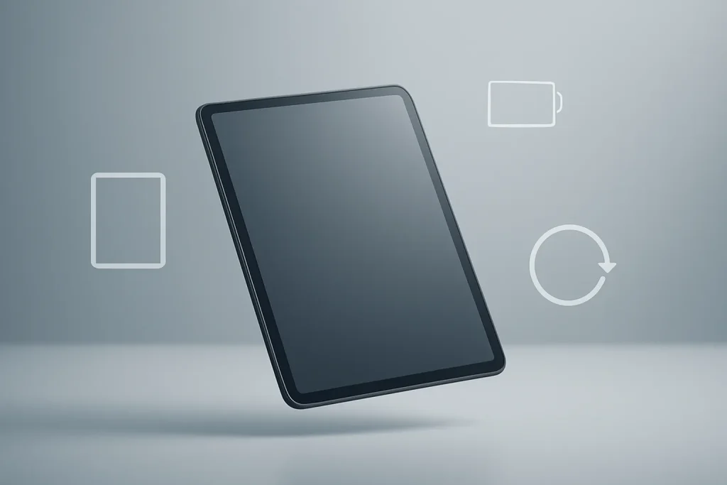 Melhores tablets baratas: como escolher ecrã, bateria e suporte 2 Composição minimalista com tablet genérico e símbolos de ecrã, bateria e atualizações, para melhores tablets baratas.