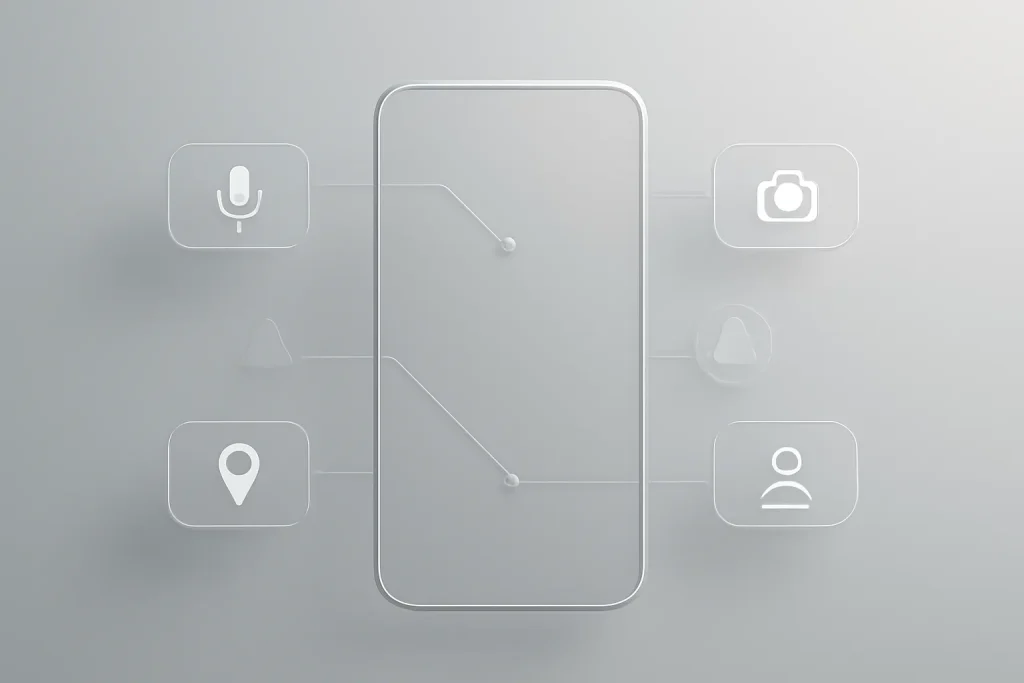 Configurar um telemóvel novo: instalação limpa e mais desempenho 3 Ilustração de permissões e notificações ao configurar um telemóvel novo, com controlos e acessos limitados.
