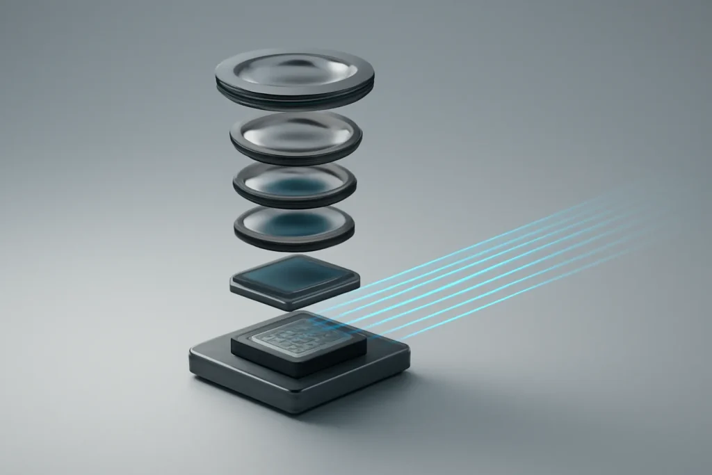 Smartphone visão noturna FOSSIBOT F113: robustez e câmara IR 3 Diagrama conceptual do módulo de câmara e infravermelhos do smartphone visão noturna FOSSIBOT F113, sem marcas.