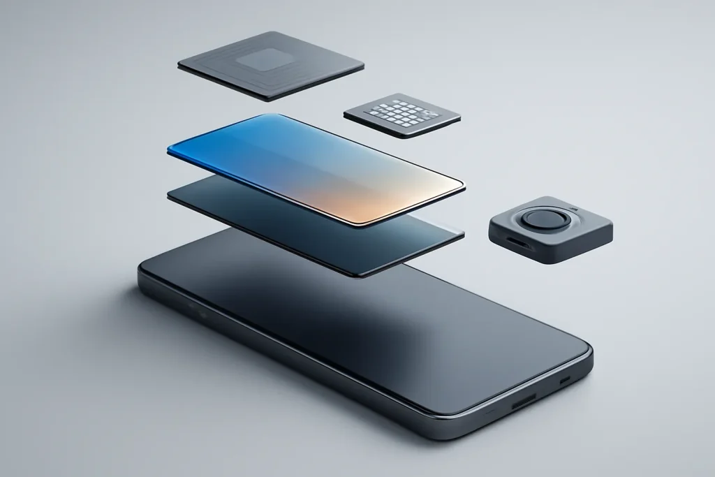 POCO M8 Pro vs Galaxy A36: desempenho, vídeo e longevidade 3 Ilustração técnica abstrata para POCO M8 Pro vs Galaxy A36 com componentes internos genéricos