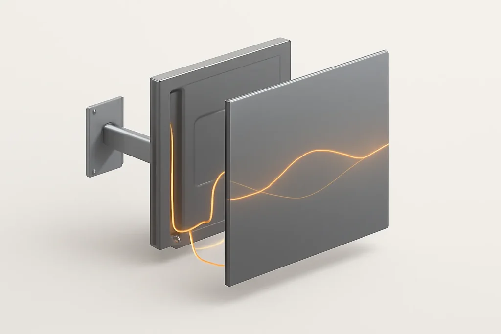 Hisense CanvasTV alternativa Samsung Frame TV: instalação simples e Art Mode convincente 3 Esquema simbólico de suporte único, gestão de cabos e painel mate (Hisense CanvasTV alternativa Samsung Frame TV).