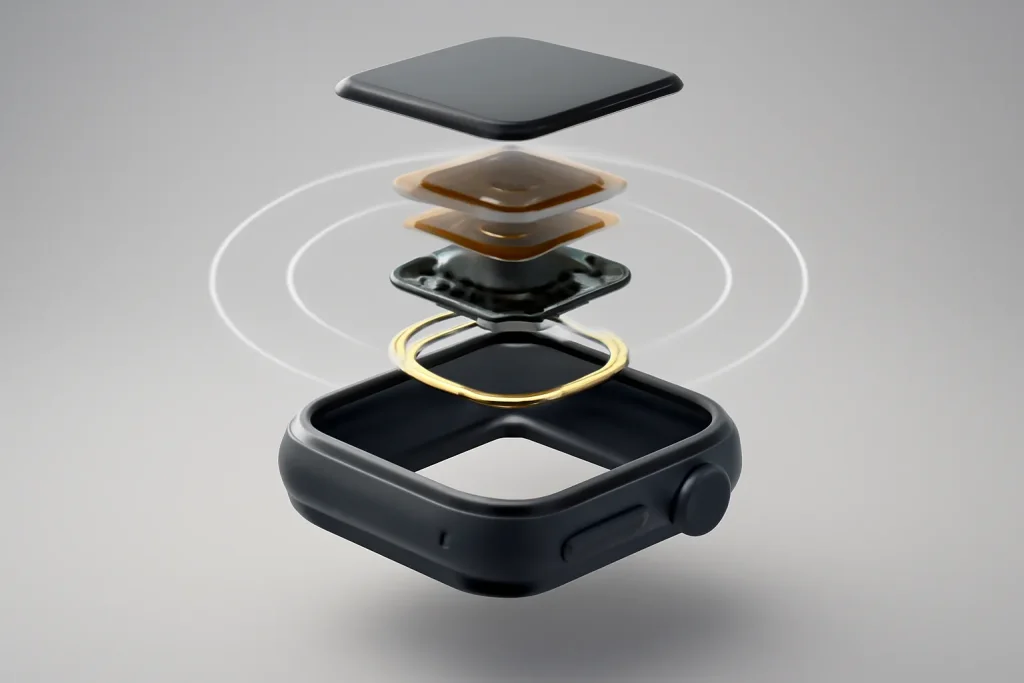 análise Apple Watch Ultra 2: ecrã mais brilhante e chip S9 3 Ilustração conceptual do interior de um smartwatch: chip, sensores e GPS de dupla frequência (análise Apple Watch Ultra 2).