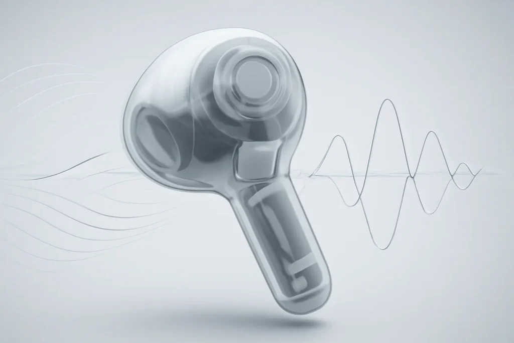 Análise AirPods Pro 3: som e ANC melhores, mas menos autonomia na caixa 3 Ilustração técnica simbólica de um auricular com componentes e ondas, para a análise AirPods Pro 3 (ANC e arquitectura acústica).