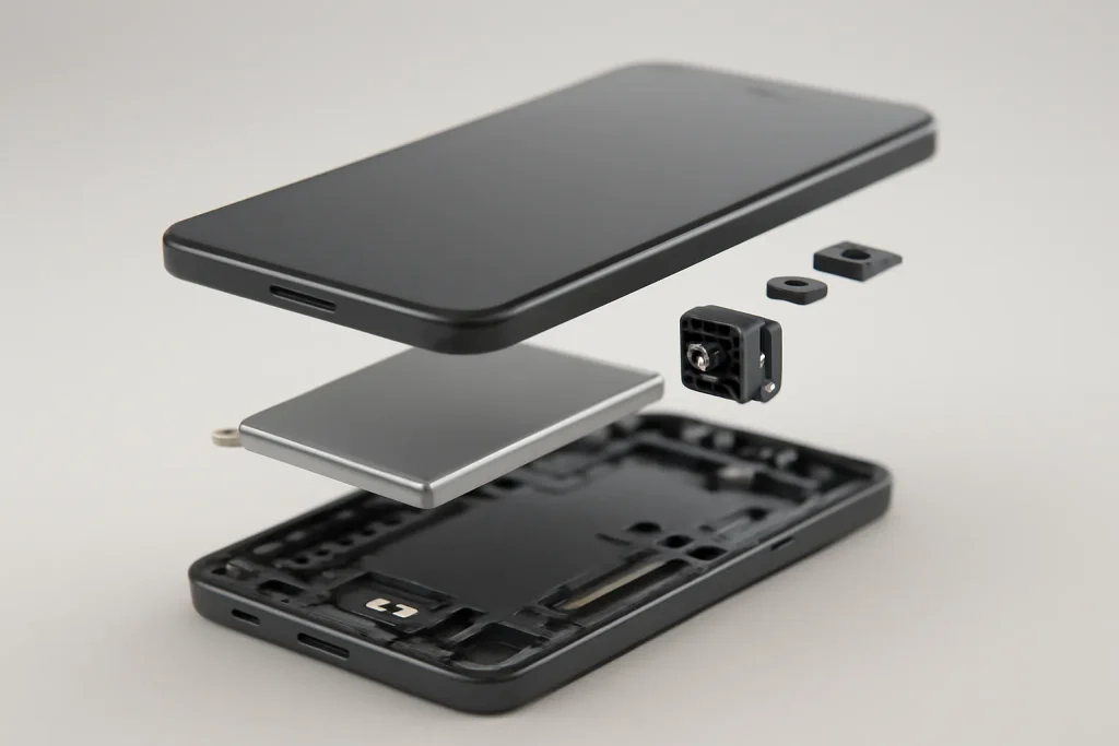 iPhone XR em 2026: ainda vale a pena comprar recondicionado? 3 Componentes internos de um smartphone em vista explodida.