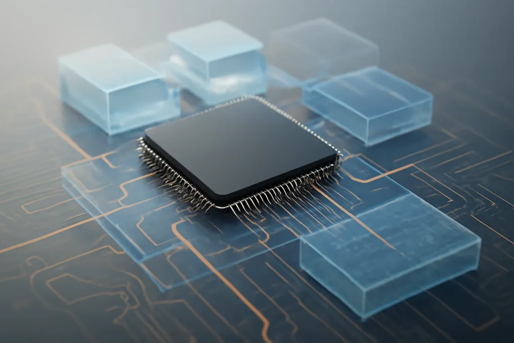 MacBook Air Intel vs M1: diferenças reais em apps e bateria 3 Chip genérico com camadas e ligações a sugerir integração e tradução.