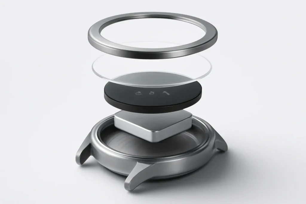 Galaxy Watch 8 Classic vs Pixel Watch 4: materiais, conforto e bateria 3 Ilustração técnica abstrata para Galaxy Watch 8 Classic vs Pixel Watch 4: controlos, sensores e desempenho.