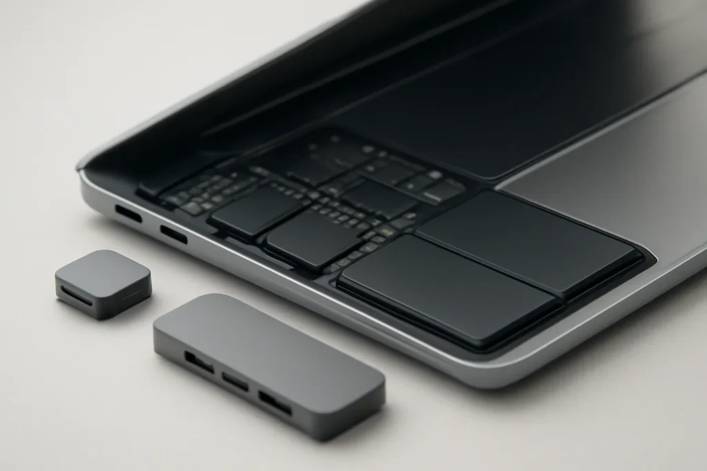 Dell XPS 13 recondicionado vs novo: preço, risco e valor 3 Detalhe técnico de portas, adaptadores e bateria num ultrabook.