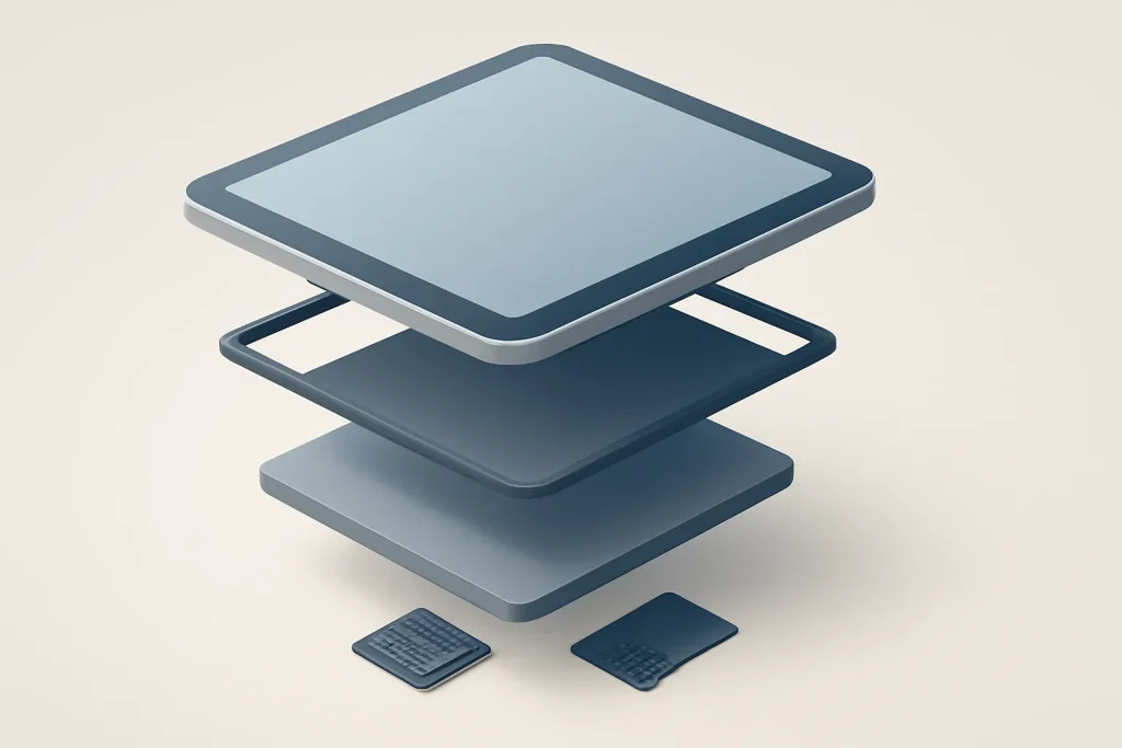 Melhores tablets baratas: como escolher ecrã, bateria e suporte 3 Tablet genérico em camadas com peças simbólicas de ecrã, bateria e armazenamento, melhores tablets baratas.