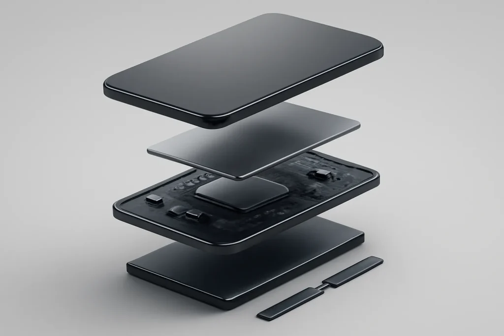 NDTV Shorts compara iQOO 15, OnePlus 15 e Galaxy S25 3 Componentes internos abstratos de um smartphone, ilustrando desempenho e gestão térmica no NDTV Shorts.