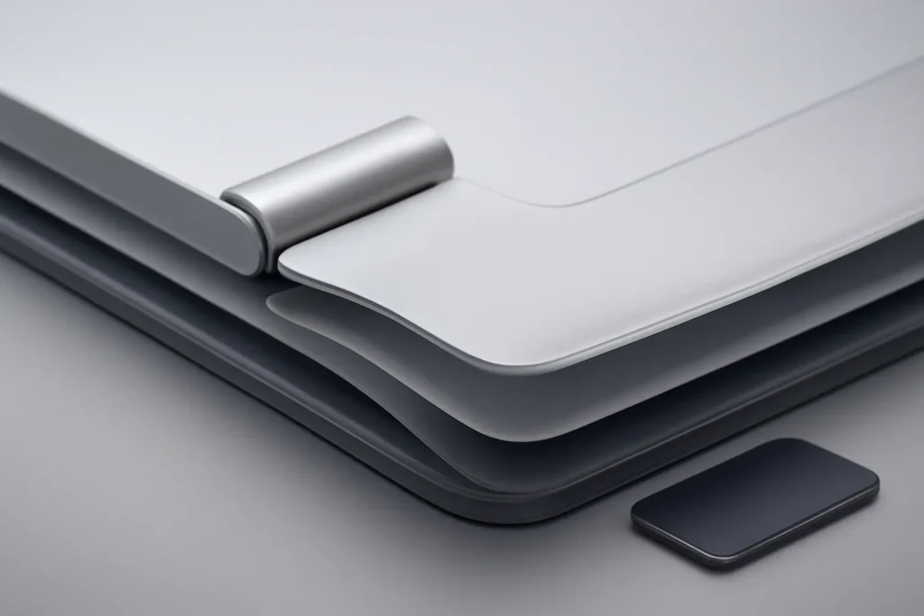 Telemóveis dobráveis flip vs book: portabilidade vs produtividade 3 Detalhe simbólico da dobradiça e do ecrã flexível em telemóveis dobráveis flip vs book.