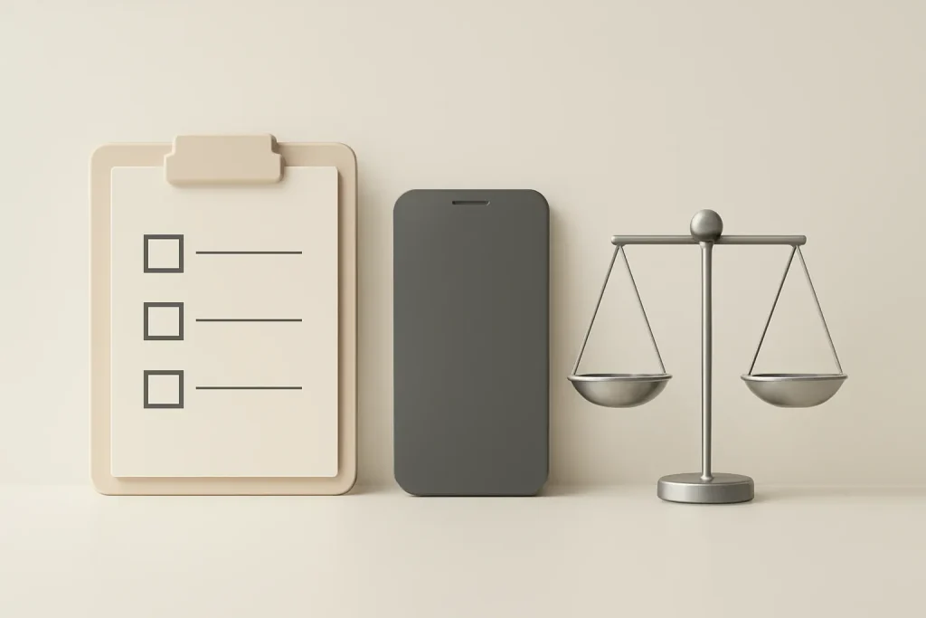 Ficar no iOS 18.7: previsibilidade face ao iOS 26 com IA 4 Checklist e balança simbólicas para avaliar risco-benefício ao ficar no iOS 18.7 ou atualizar.