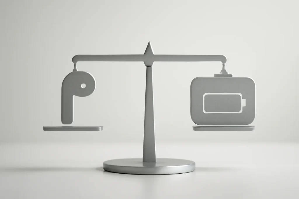 Análise AirPods Pro 3: som e ANC melhores, mas menos autonomia na caixa 4 Balança minimalista com auriculares e caixa a representar compromissos de autonomia na análise AirPods Pro 3.