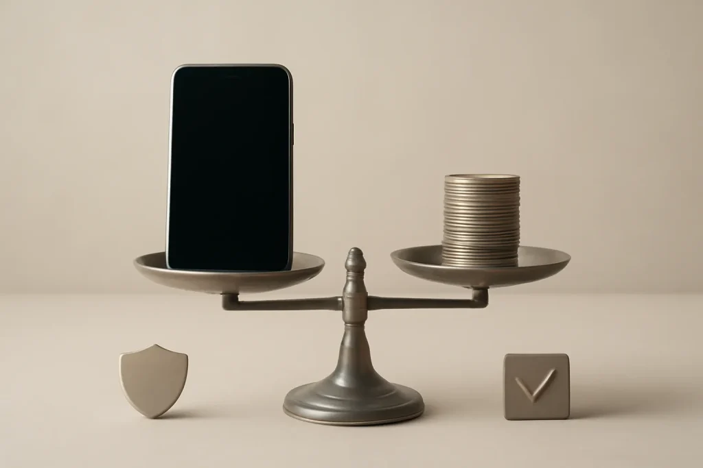 iPhone XR em 2026: ainda vale a pena comprar recondicionado? 4 Balança com smartphone e moedas, simbolizando custo e risco.