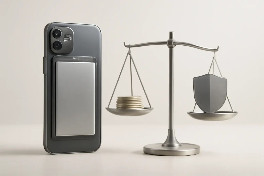 iPhone SE 2020 vs 2022 recondicionado: diferenças de design e uso 4 Smartphone com bateria visível e uma balança simbólica.