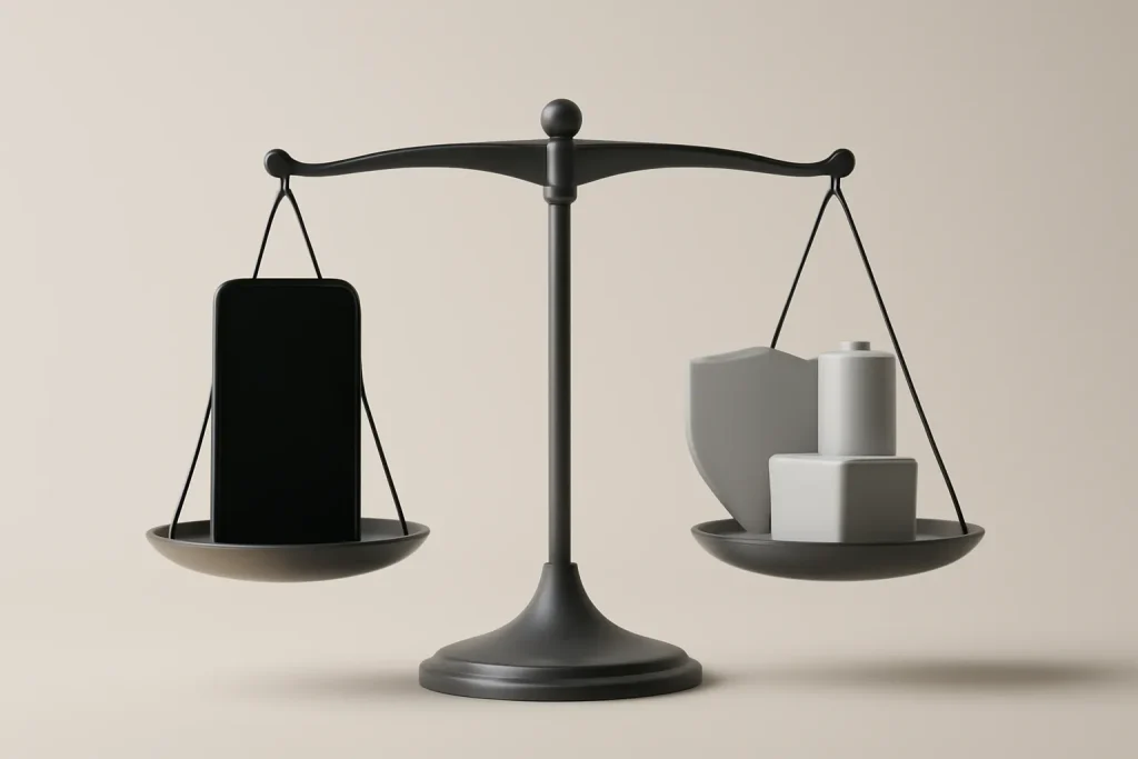 iPhone 13 Mini recondicionado: A15, câmara e garantia na iOutlet 4 Balança com smartphone e símbolos de garantia, devolução e bateria.