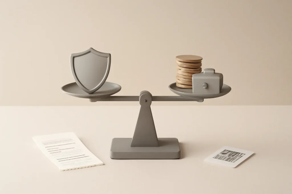 Marcas de telemóveis Android com melhor garantia: guia de garantias na UE 4 Balança simbólica de risco-benefício ao escolher marcas de telemóveis Android com melhor garantia e planos extra.