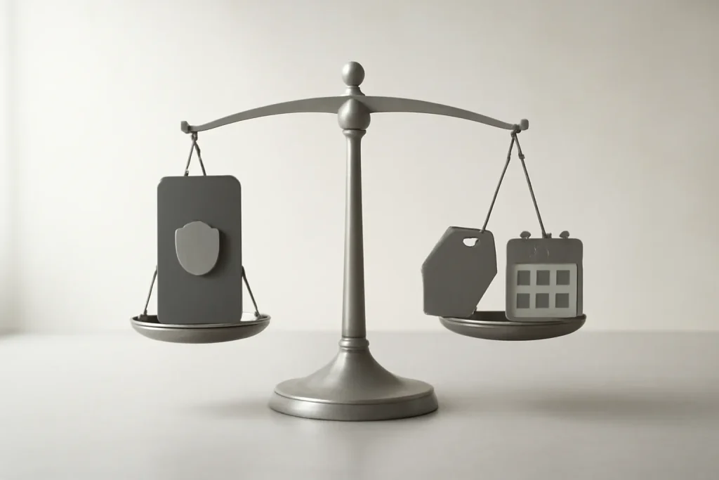 Comprar Galaxy S25 em vez do S26: software e preço mais estáveis 4 Balança de risco-benefício ao comprar Galaxy S25 em vez do S26, com símbolos de preço, tempo e segurança.