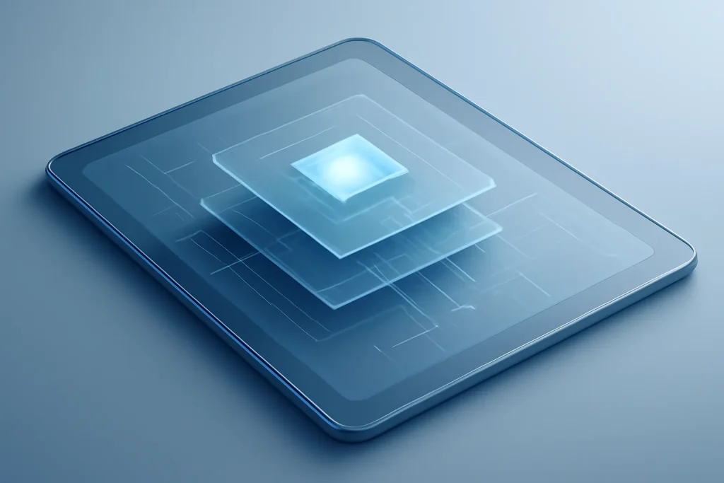 iPad Air para a maioria das pessoas: equilíbrio entre preço e desempenho 3 Ilustração abstrata de chip, eficiência e ecrã no iPad Air para a maioria das pessoas.