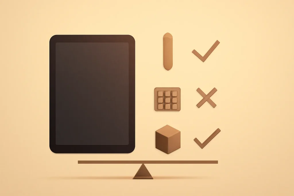 iPad Air para a maioria das pessoas: equilíbrio entre preço e desempenho 4 Metáfora visual de escolhas práticas (armazenamento e acessórios) no iPad Air para a maioria das pessoas.